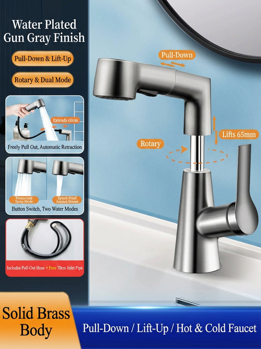 BOONEN 3-Function Pull-Out Brass Bathroom Basin Faucet