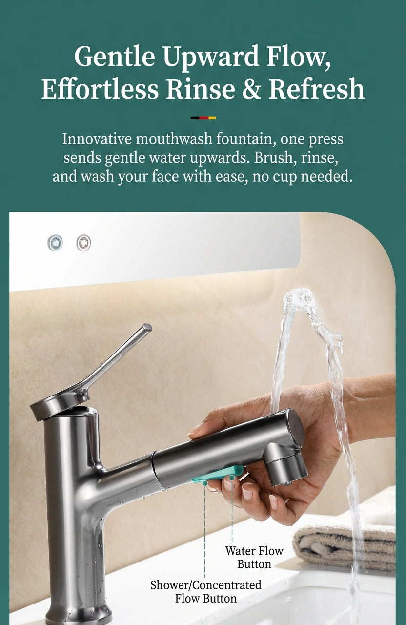 BOONEN 3-Function Pull-Out Brass Bathroom Basin Faucet
