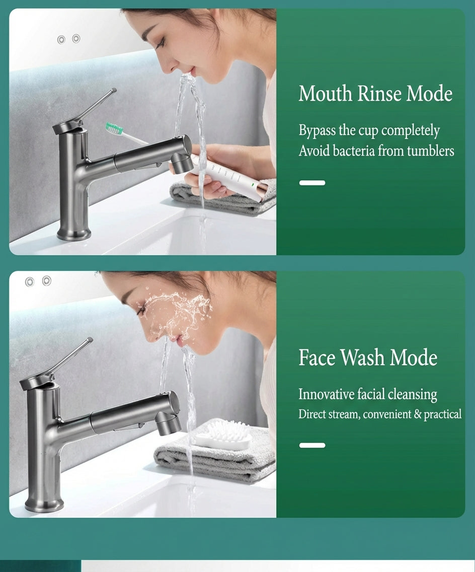BOONEN 3-Function Pull-Out Brass Bathroom Basin Faucet