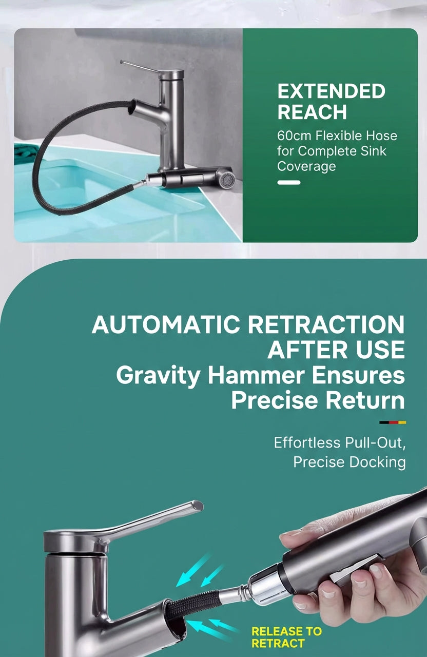 BOONEN 3-Function Pull-Out Brass Bathroom Basin Faucet