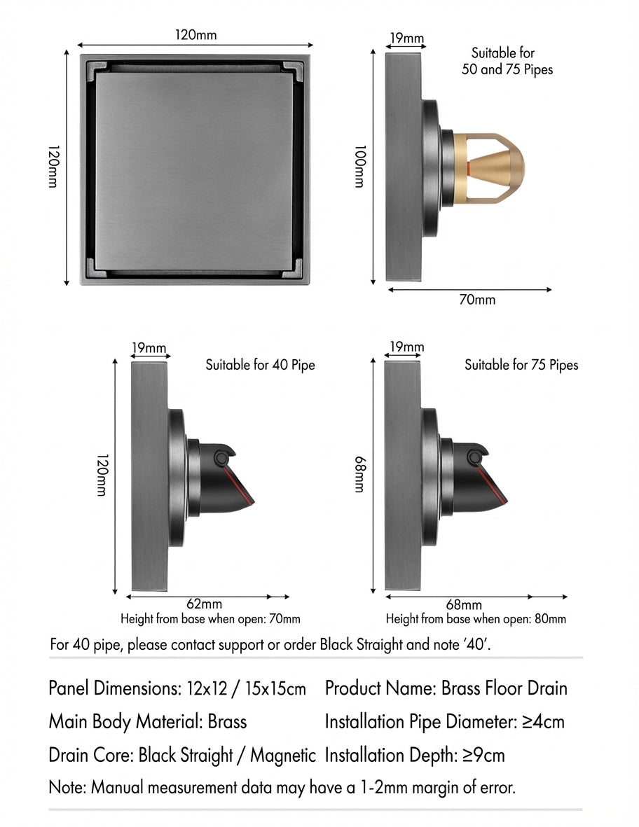 Premium Copper Tile-Insert Shower Drain Anti-Odor