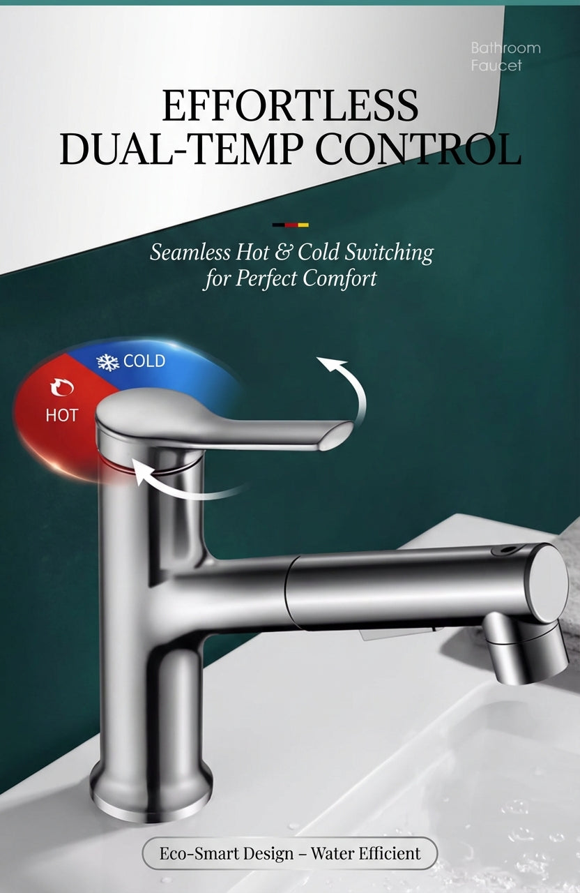 BOONEN 3-Function Pull-Out Brass Bathroom Basin Faucet