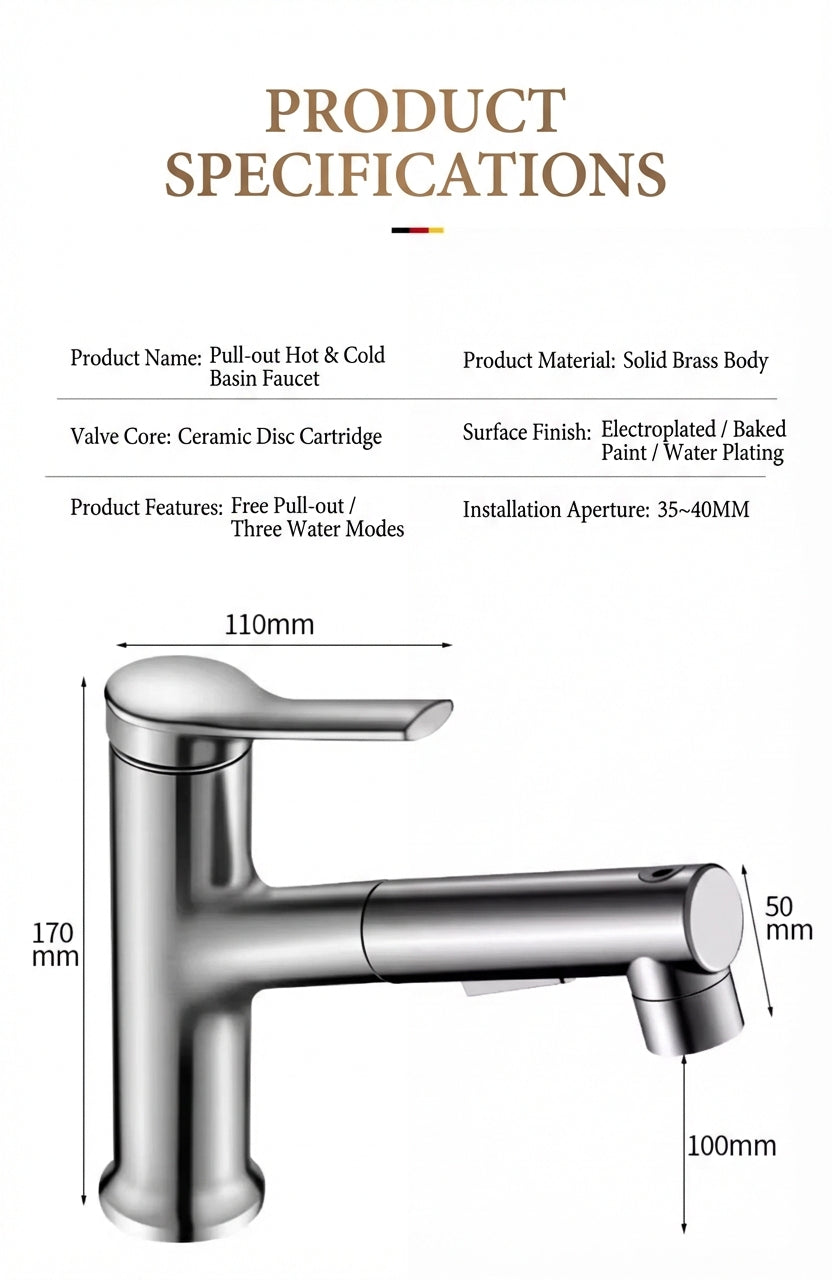 BOONEN 3-Function Pull-Out Brass Bathroom Basin Faucet