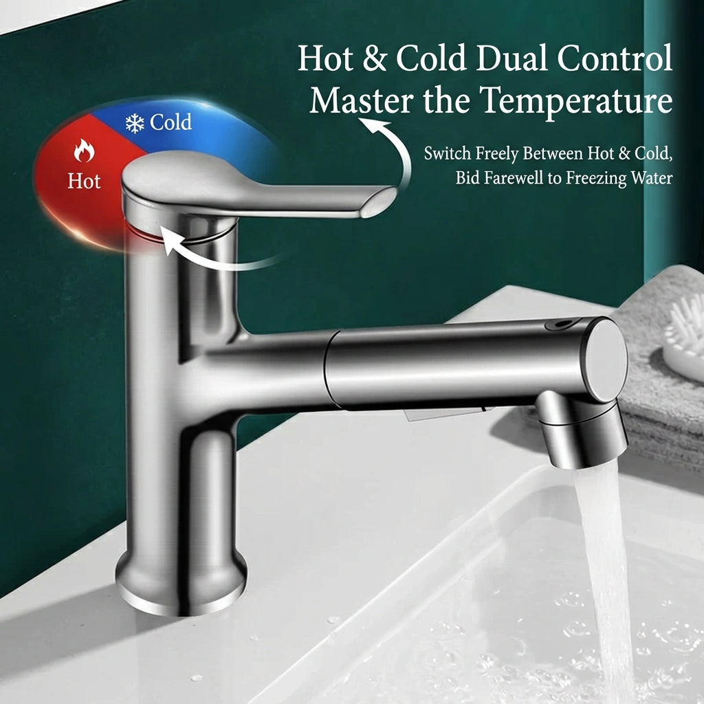 BOONEN 3-Function Pull-Out Brass Bathroom Basin Faucet