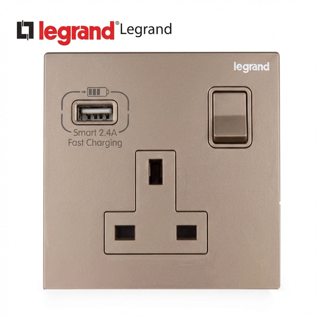 Legrand Rose Gold 13A Switched Wall Socket with USB