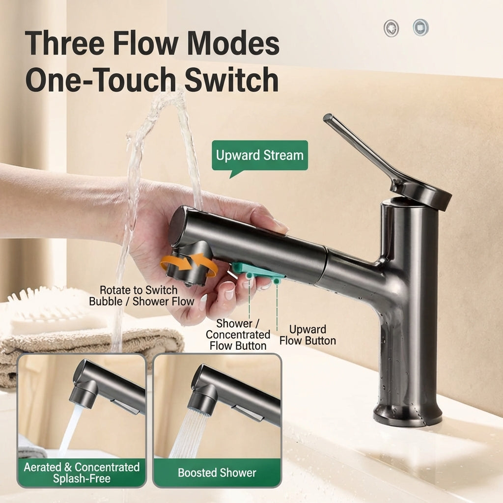 BOONEN 3-Function Pull-Out Brass Bathroom Basin Faucet