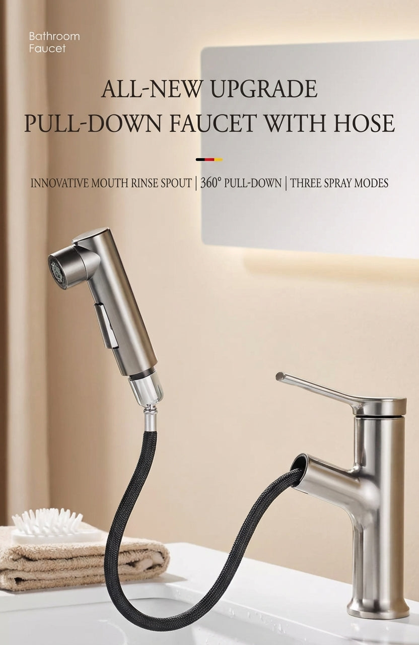 BOONEN 3-Function Pull-Out Brass Bathroom Basin Faucet