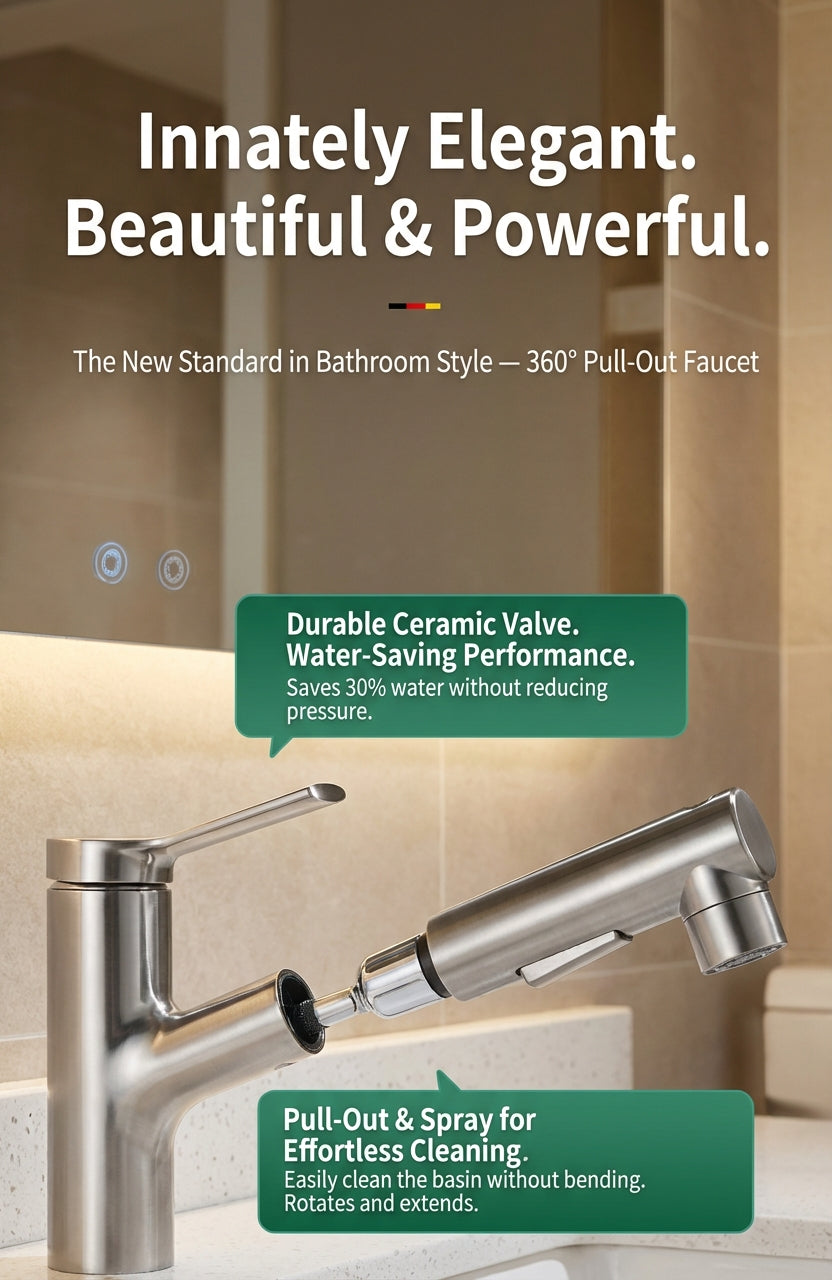 BOONEN 3-Function Pull-Out Brass Bathroom Basin Faucet