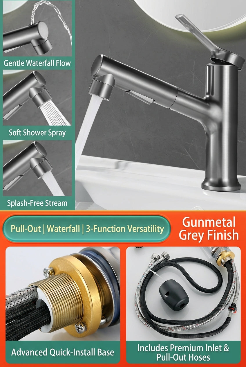 BOONEN 3-Function Pull-Out Brass Bathroom Basin Faucet
