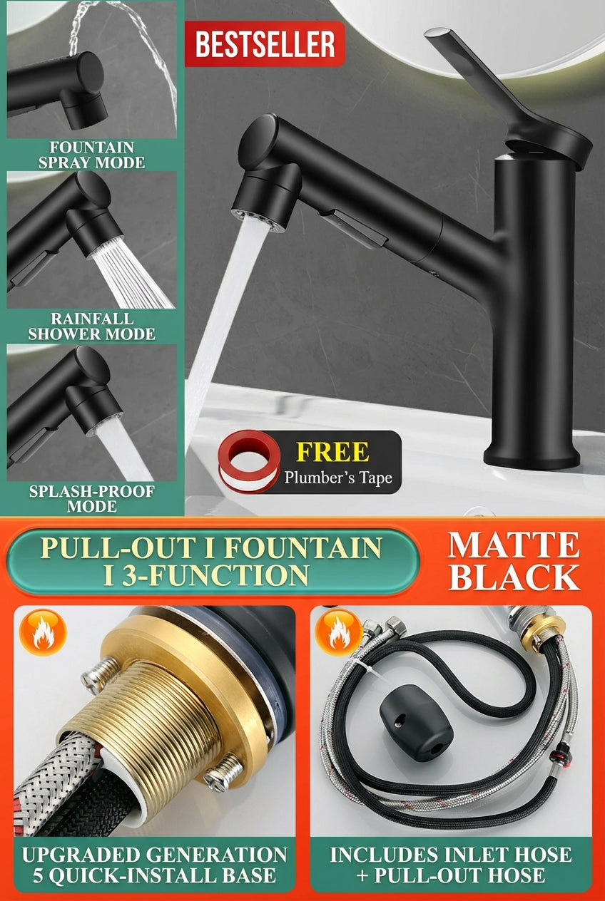 BOONEN 3-Function Pull-Out Brass Bathroom Basin Faucet