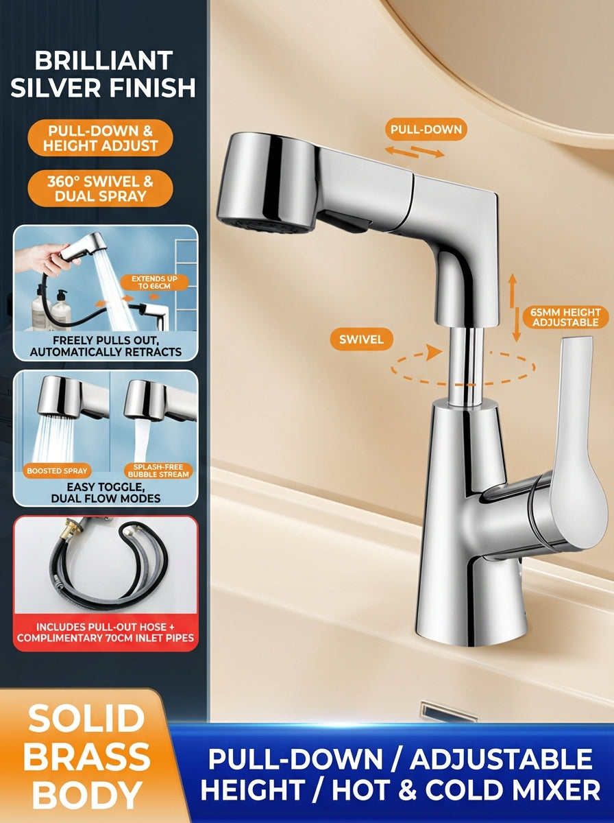 BOONEN 3-Function Pull-Out Brass Bathroom Basin Faucet