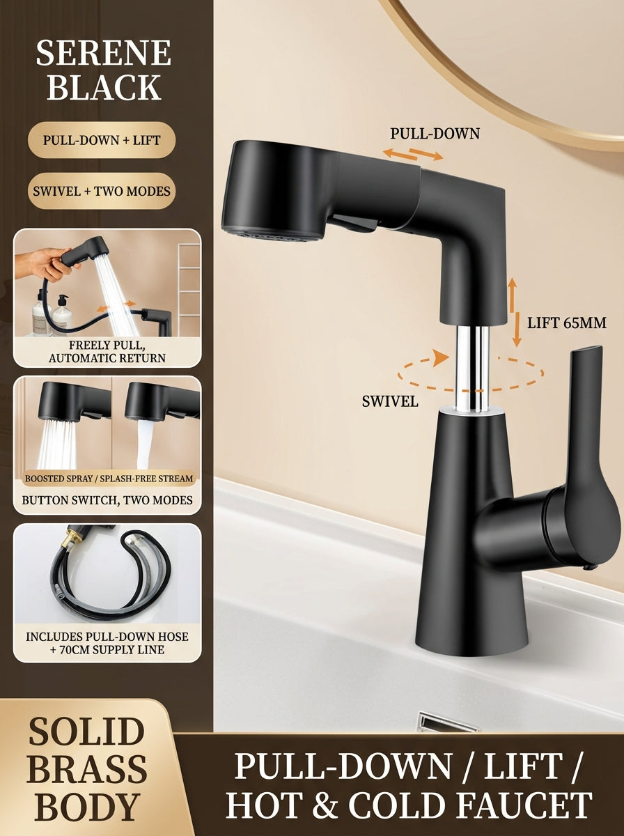 BOONEN 3-Function Pull-Out Brass Bathroom Basin Faucet