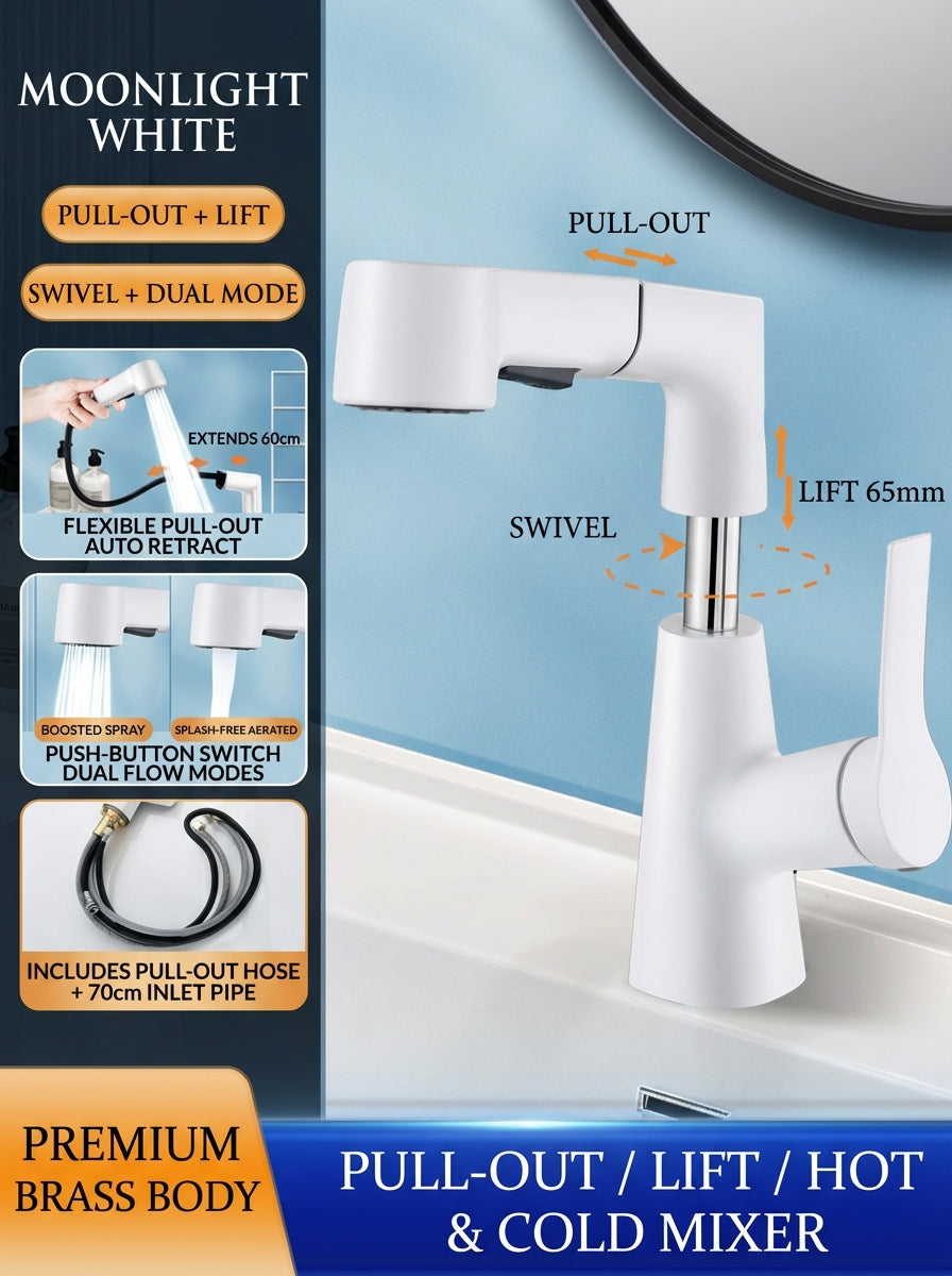 BOONEN 3-Function Pull-Out Brass Bathroom Basin Faucet