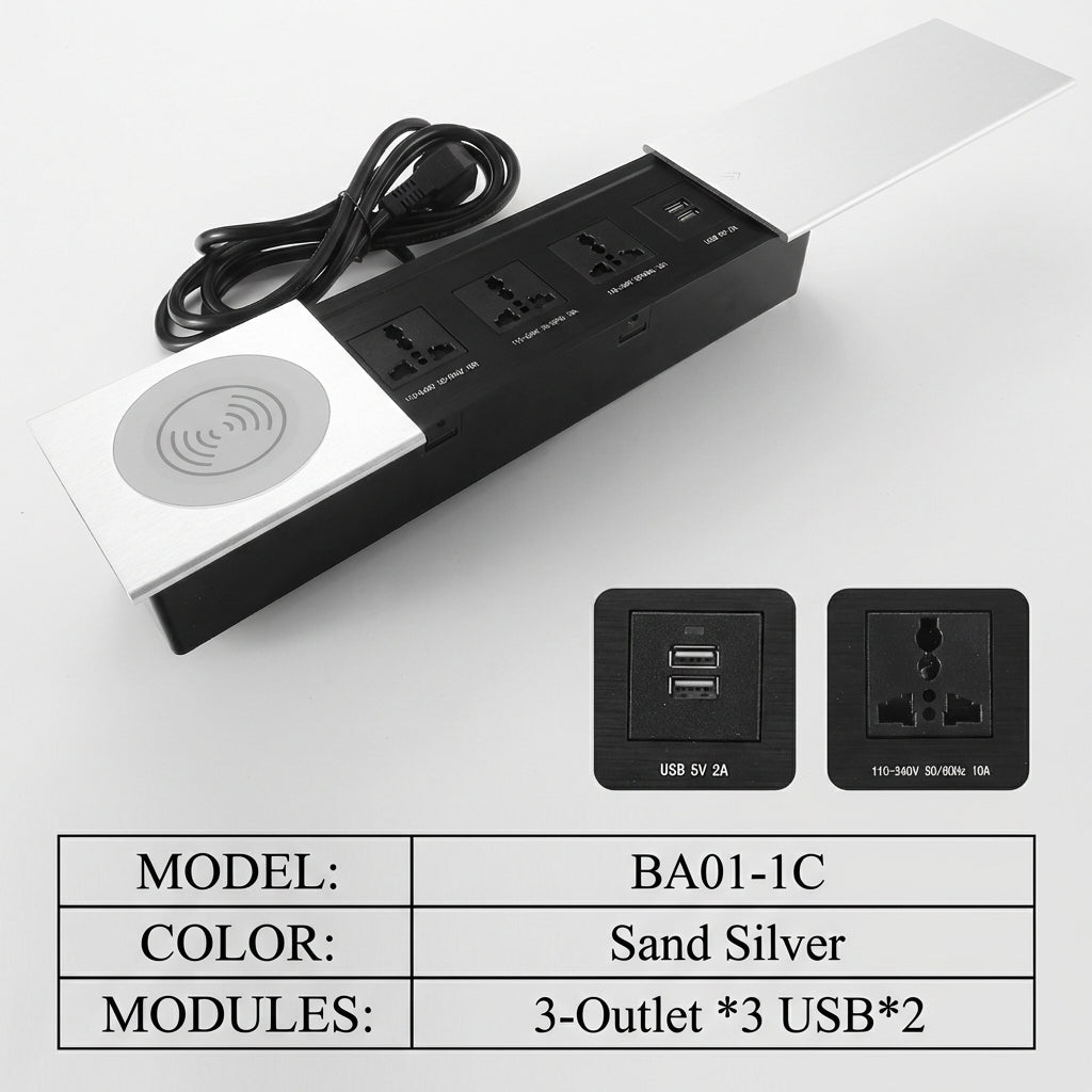 Sliding Desk Power Strip with Wireless Charger
