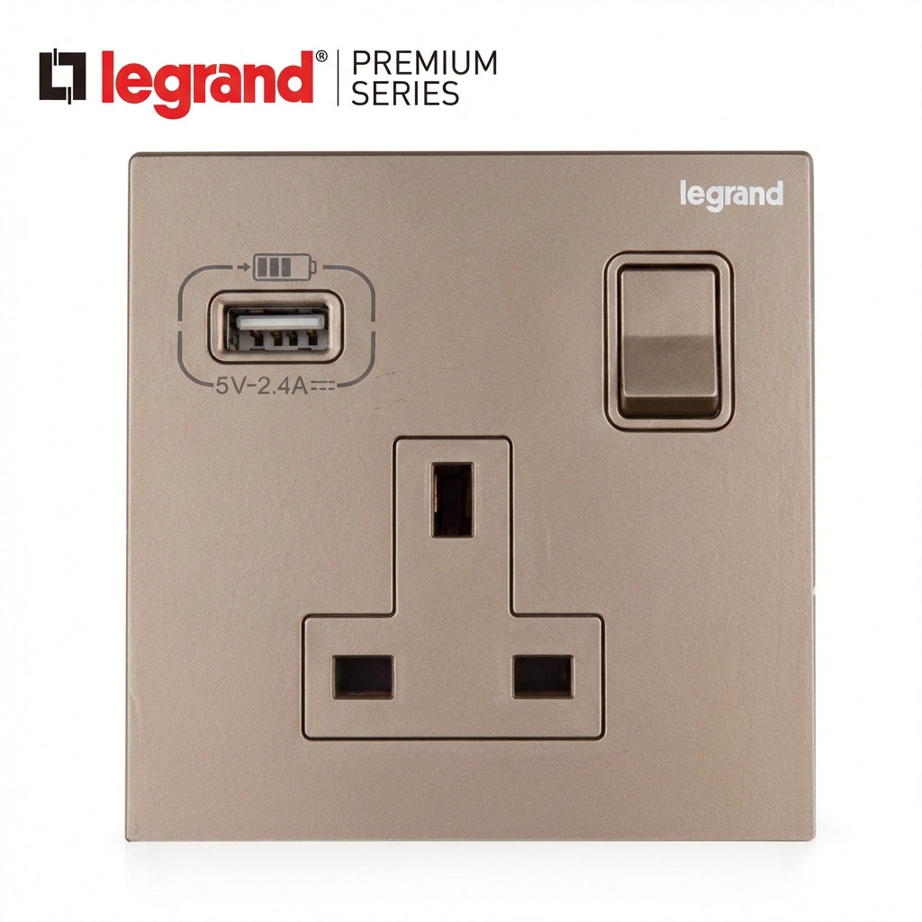 Legrand Rose Gold 13A Switched Wall Socket with USB